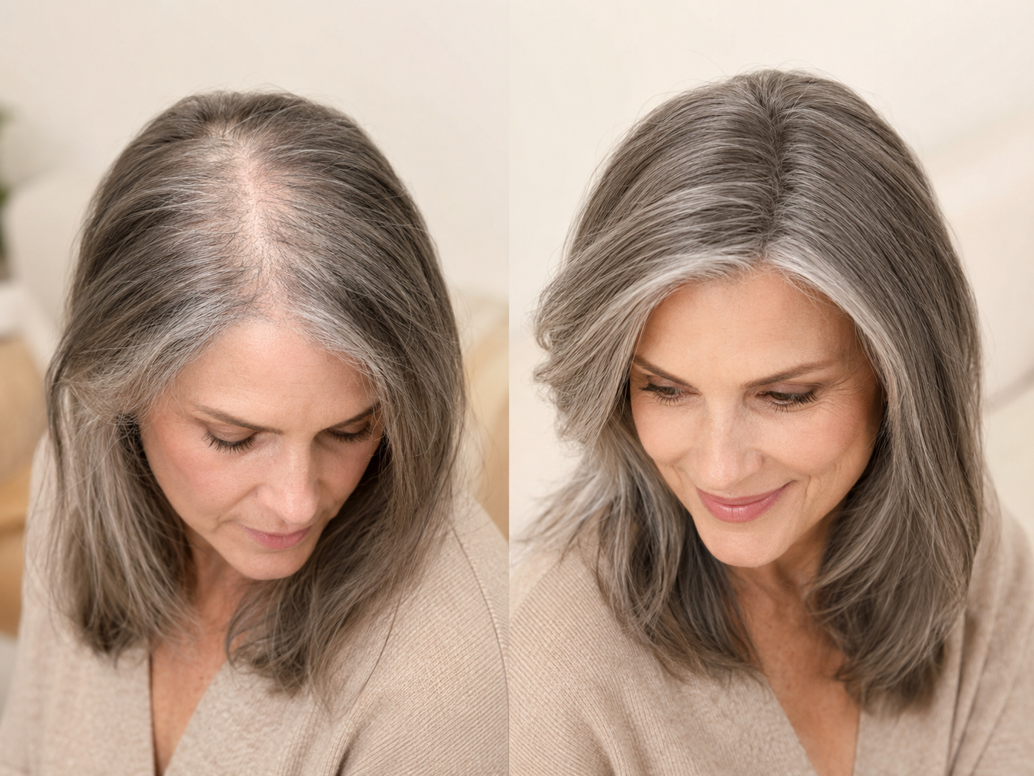 hair loss, widening parts, grey roots