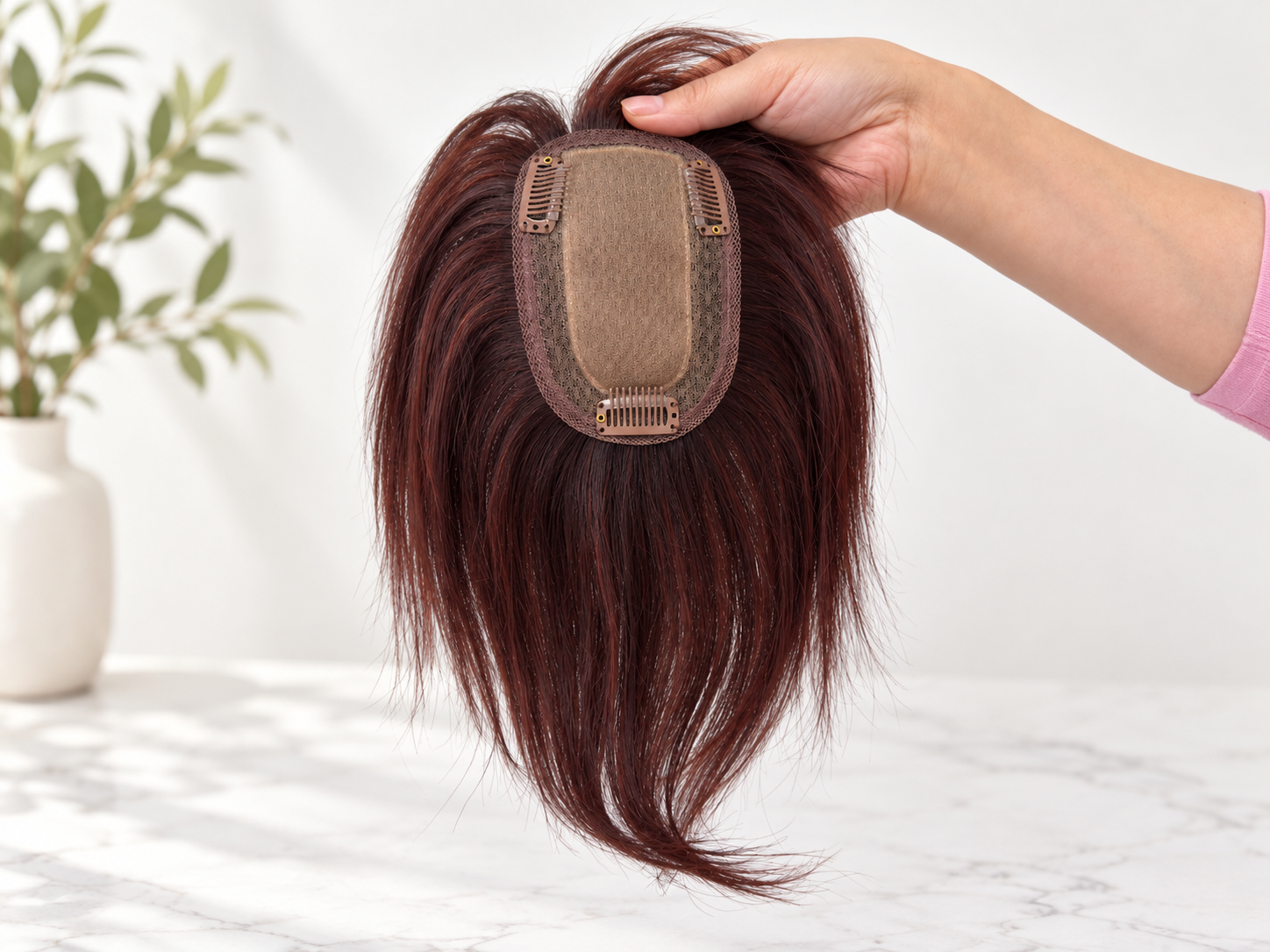 Juliette Human Hair Topper | 3×5 Mono Base | Reddis Brown | 8 Inch | Soft Bangs - Image 3