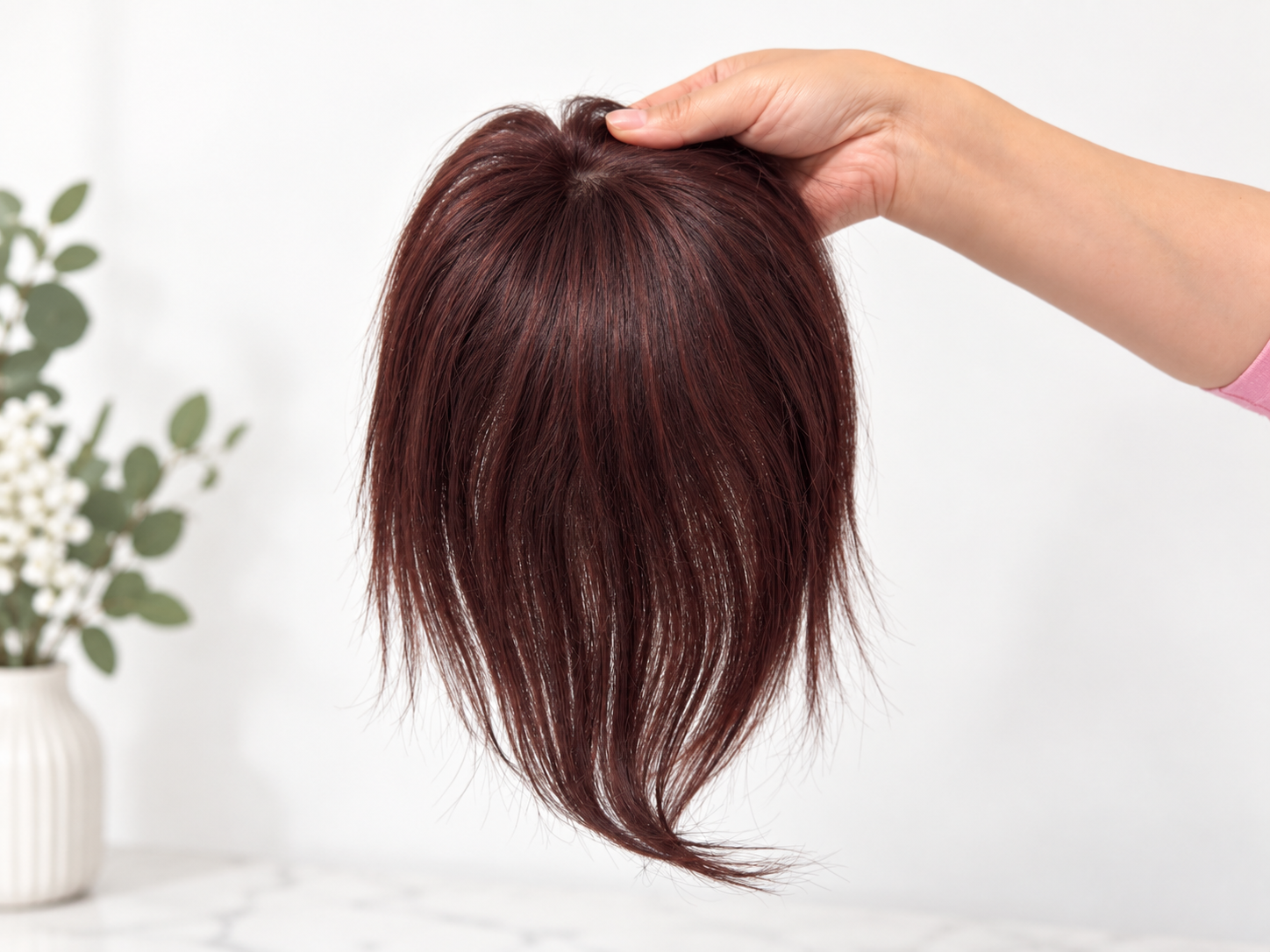 Juliette Human Hair Topper | 3×5 Mono Base | Reddis Brown | 8 Inch | Soft Bangs - Image 6