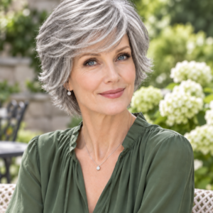 Gloria – 6-Inch Salt & Pepper Human Hair Wig | Short Feathered Gray Pixie, No Lace