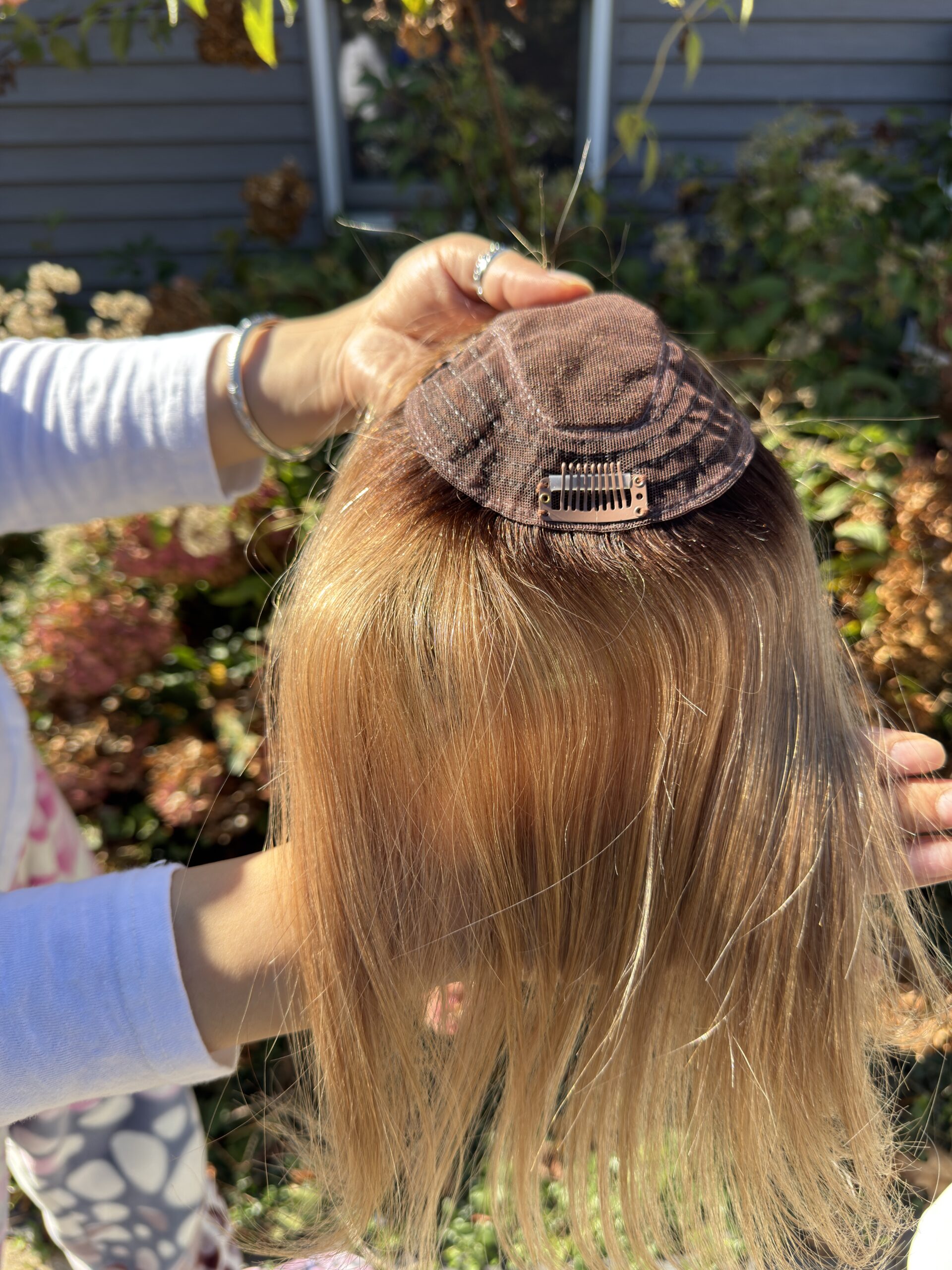 Adeline Human Hair Topper | 5×5 Monofilament Base | 12 Inch | Rooted Brown with Dark Blonde Balayage - Image 4