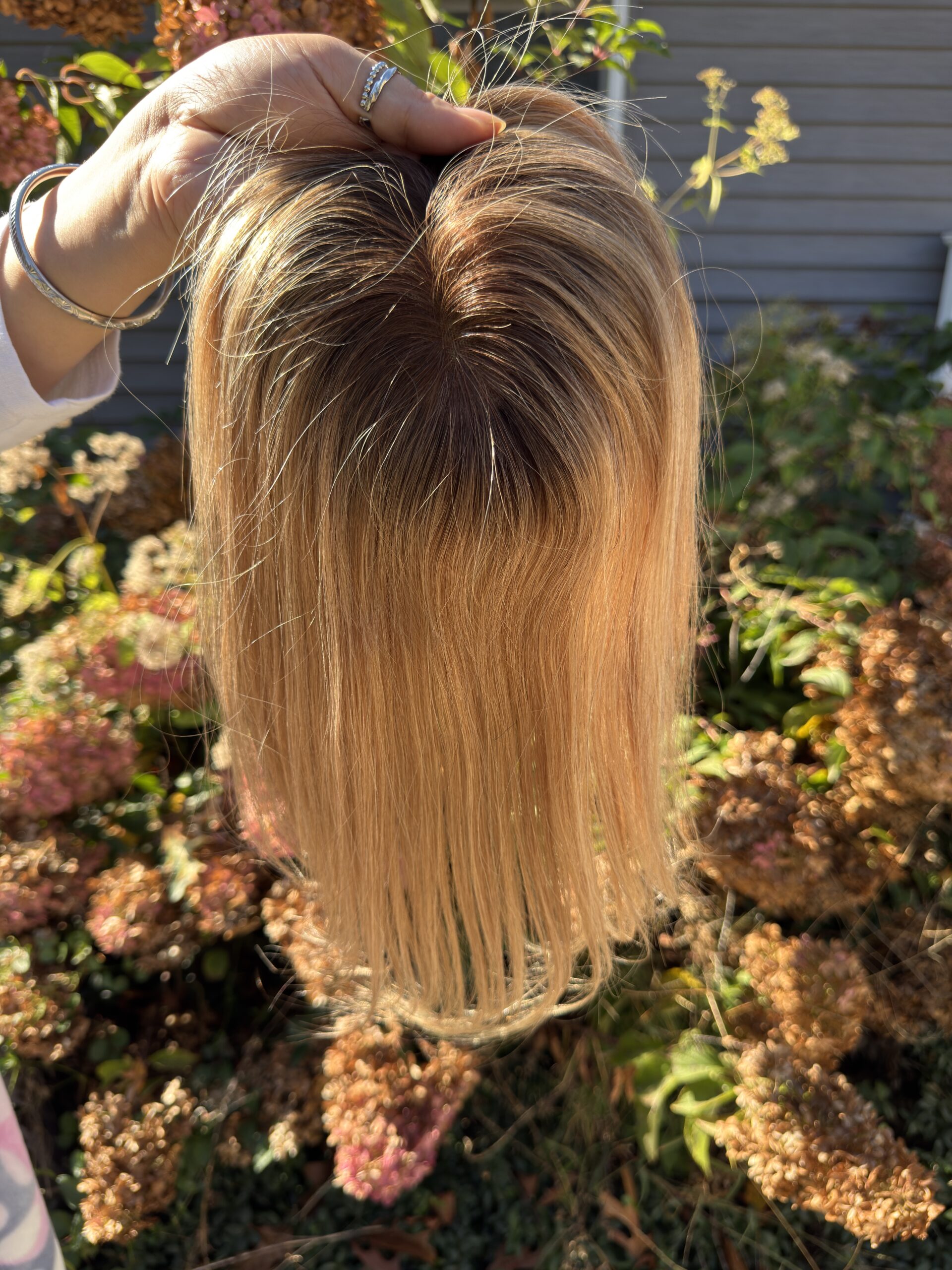 Adeline Human Hair Topper | 5×5 Monofilament Base | 12 Inch | Rooted Brown with Dark Blonde Balayage - Image 6