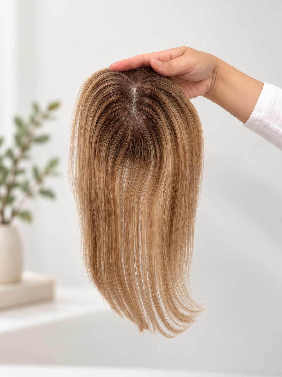 Adeline Human Hair Topper | 5×5 Monofilament Base | 12 Inch | Rooted Brown with Dark Blonde Balayage - Image 10