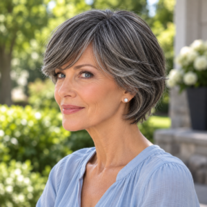 Sally – Dark Gray Salt & Pepper Human Hair Wig | 8" Layered Pixie Bob