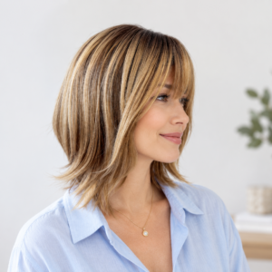 Corinne Heat-Resistant Wig | 16 Inch Layered Style with Bangs | Dimensional Brown Highlights | Adjustable Cap