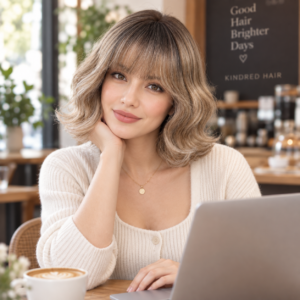 Harper Synthetic Wig | 10 Inch Short Wavy Wig with Bangs | Rooted Ash Beige Blonde | Heat-Resistant Fiber