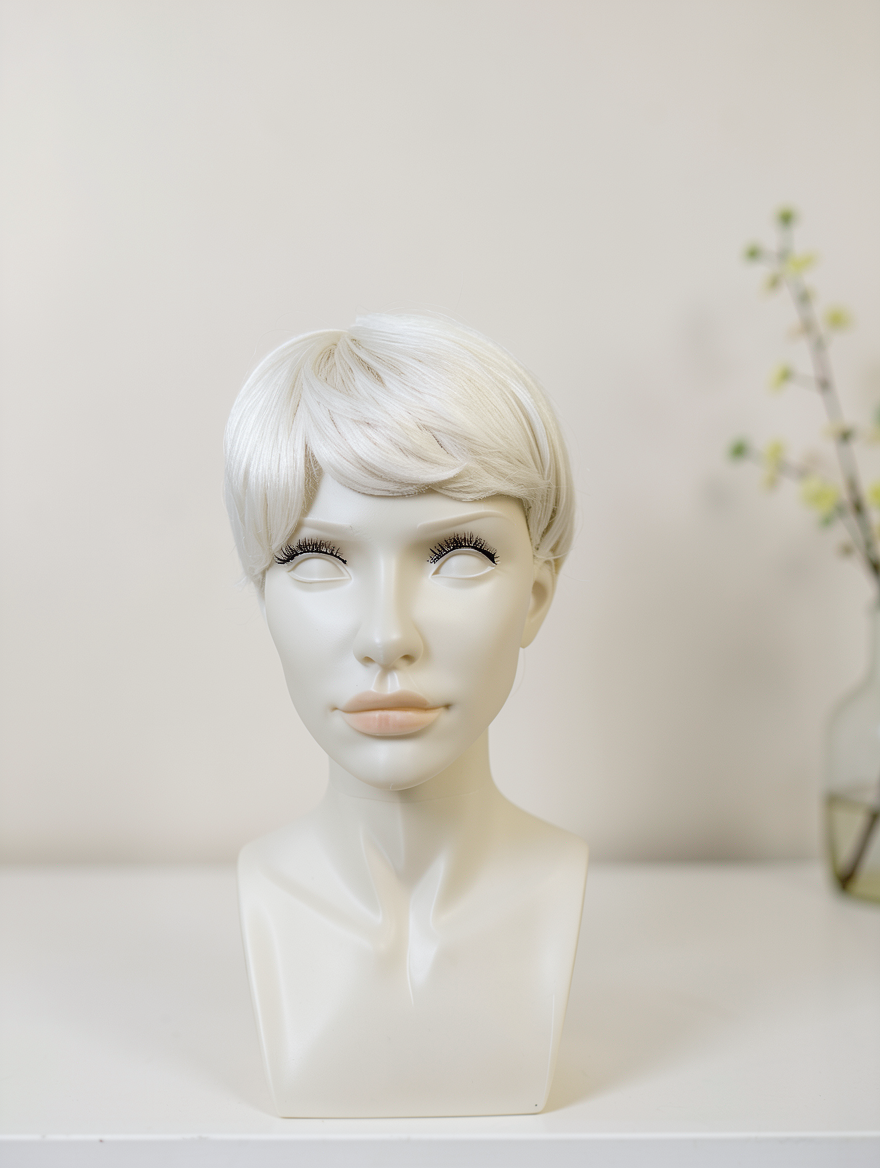 Opal Pure White Synthetic Wig | 6 Inch Short Pixie with Side-Swept Bangs | Heat-Resistant Fiber - Image 3