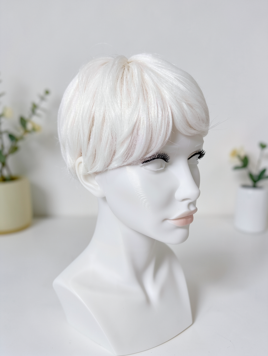 Opal Pure White Synthetic Wig | 6 Inch Short Pixie with Side-Swept Bangs | Heat-Resistant Fiber - Image 7
