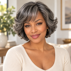 Maribel Human Hair Wig | 8 Inch Gray Curly Bob with Bangs | Dark Gray