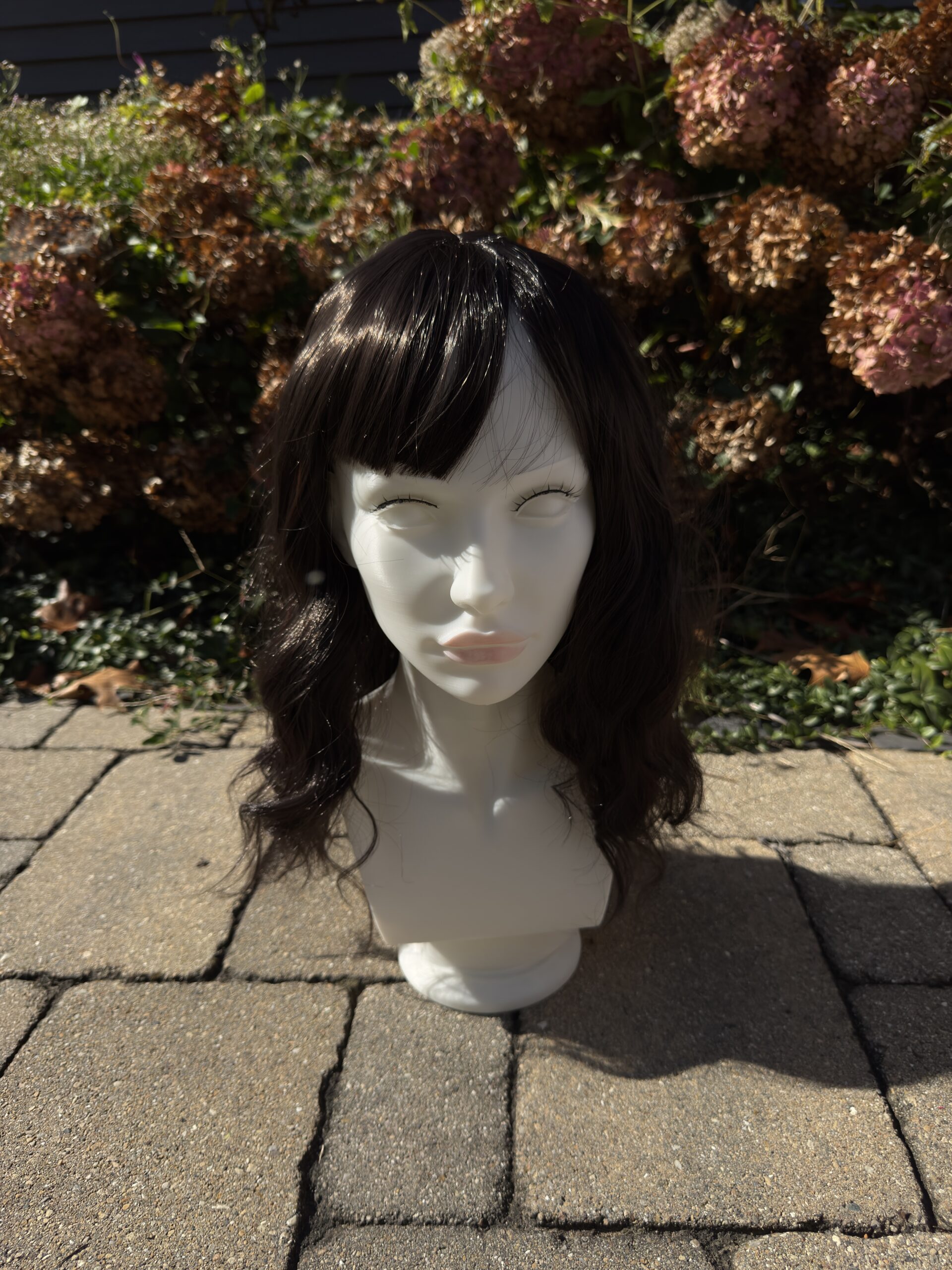 Sabrina โ 16-Inch Layered Wavy Synthetic Wig with Wispy Bangs | Highlighted Dark Brown - Image 2