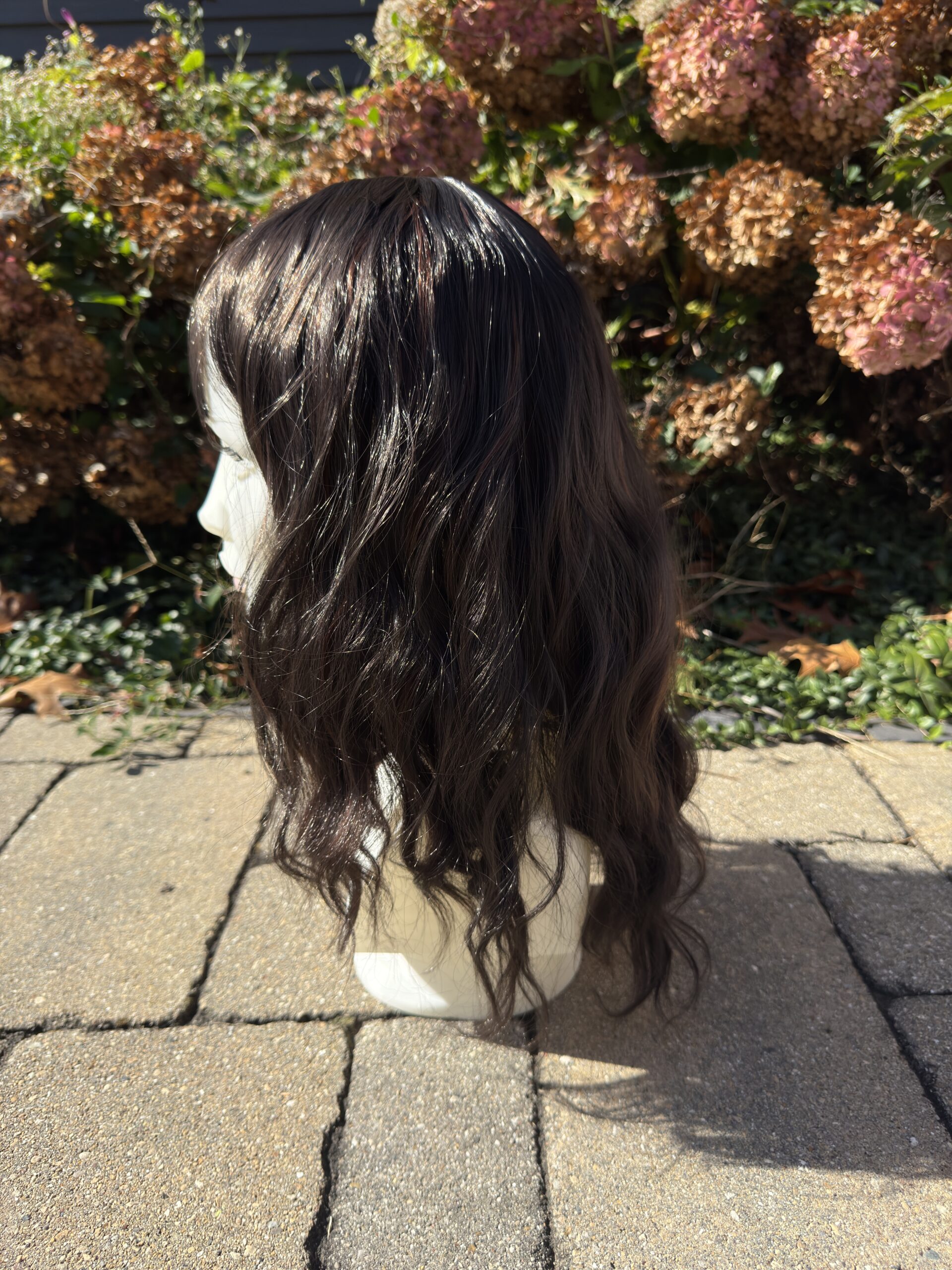 Sabrina โ 16-Inch Layered Wavy Synthetic Wig with Wispy Bangs | Highlighted Dark Brown - Image 5
