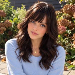 Sabrina – 16-Inch Layered Wavy Synthetic Wig with Wispy Bangs | Highlighted Dark Brown